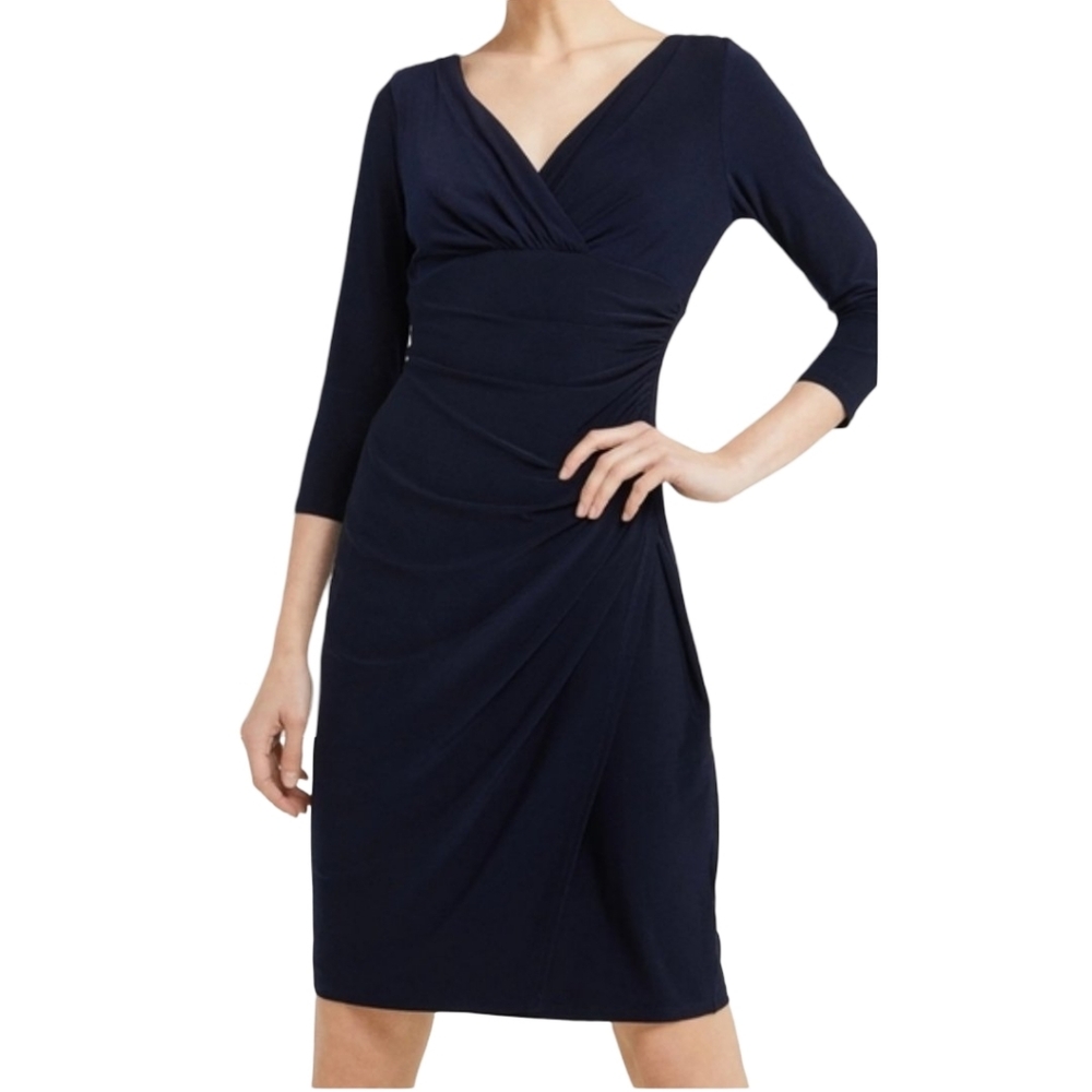 LAUREN RALPH LAUREN Classic Ruched Jersey Sheath Dress | Navy Blue 3/4 Sleeves 8